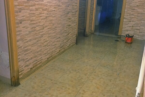 Внутрішній коридор підвального житлового приміщення з плитковою підлогою та декоративним оздобленням на стінах, затоплений, встановлений насос для відкачування води.