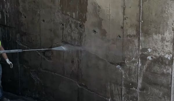 Миття під тиском брудної бетонної стіни підвалу.